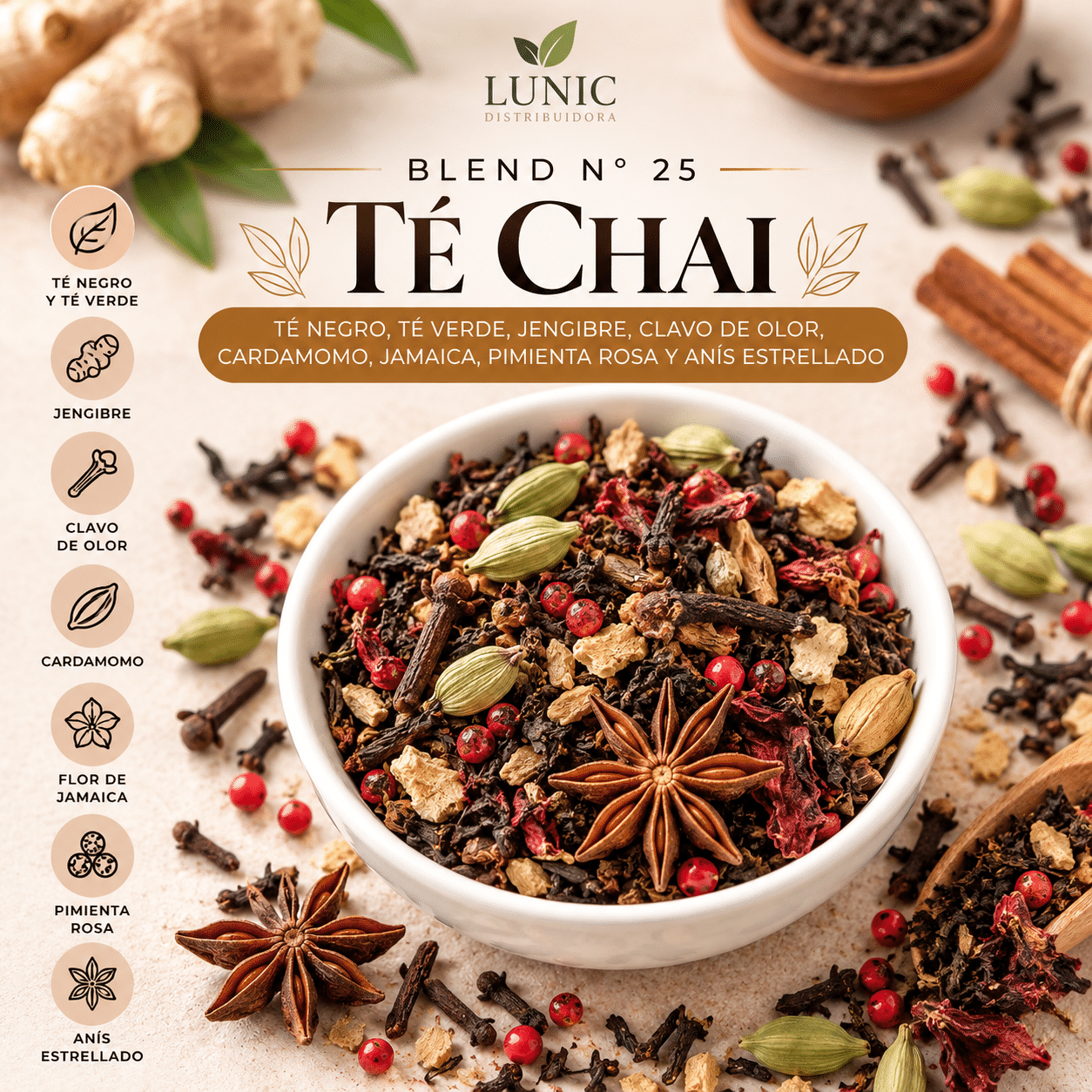 Blend N° 25 - TE CHAI (Te verde, te negro, clavo, jamaica, jengibre, anis estrellado, pta rosa)
