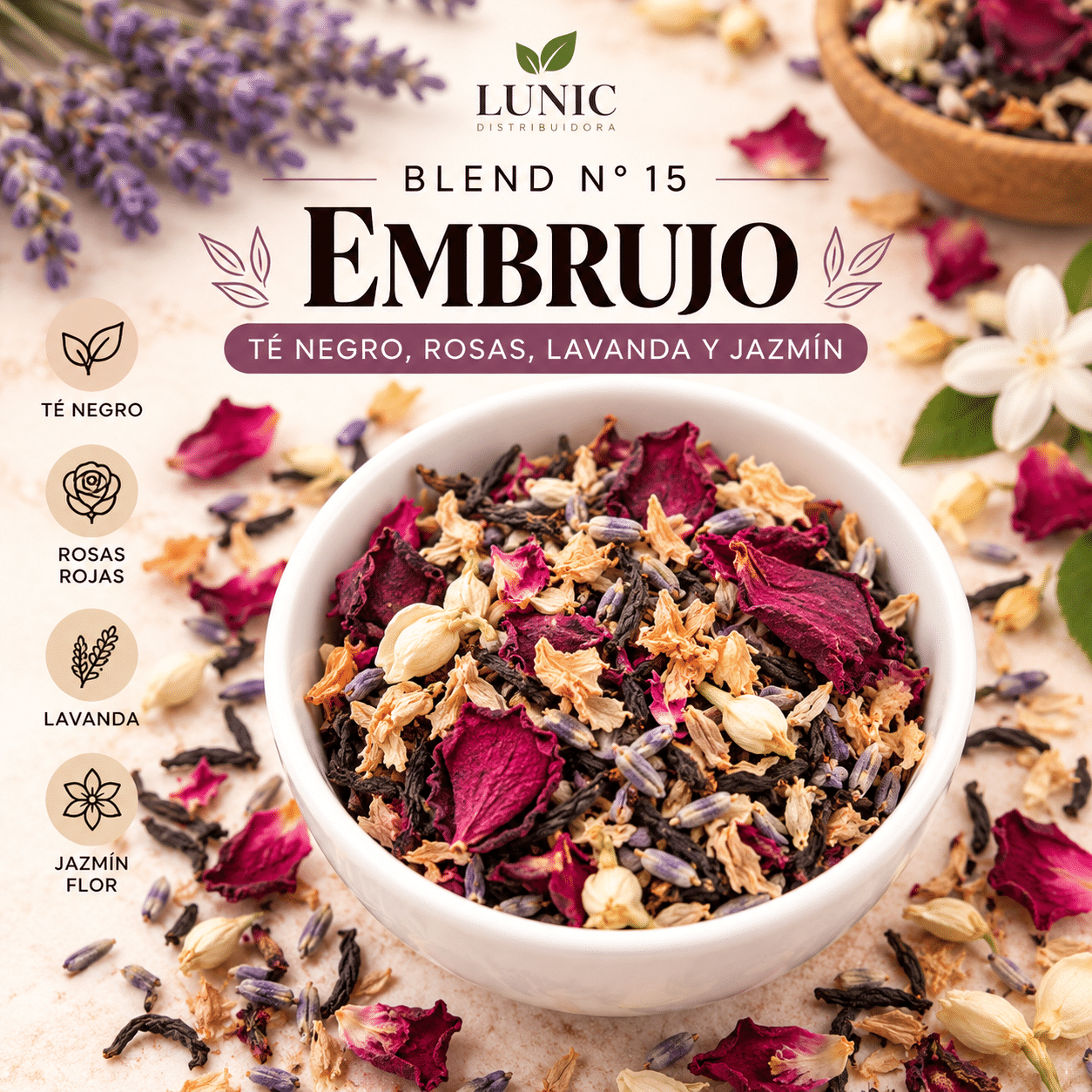 BLEND N° 15 - EMBRUJO - (TÉ NEGRO, ROSAS, LAVANDA Y JAZMÍN FLOR)
