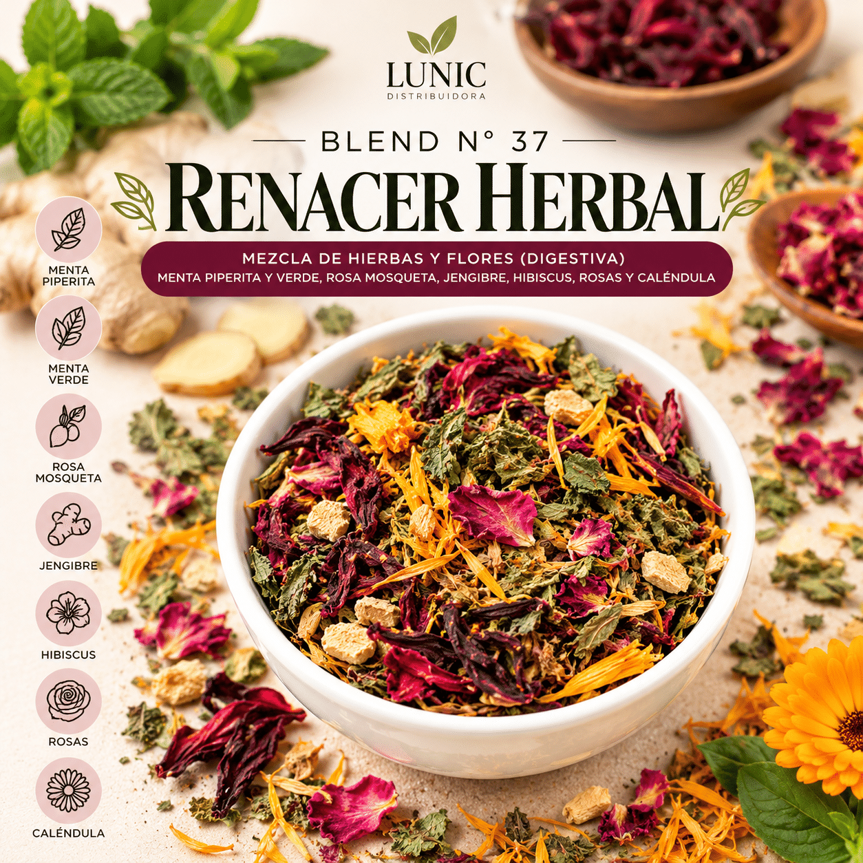 BLEND N° 37 - RENACER HERBAL - (MENTA PIPERITA, MENTA VERDE, ROSA MOSQUETA, JENGIBRE, HIBISCUS, ROSAS Y CALÉNDULA)