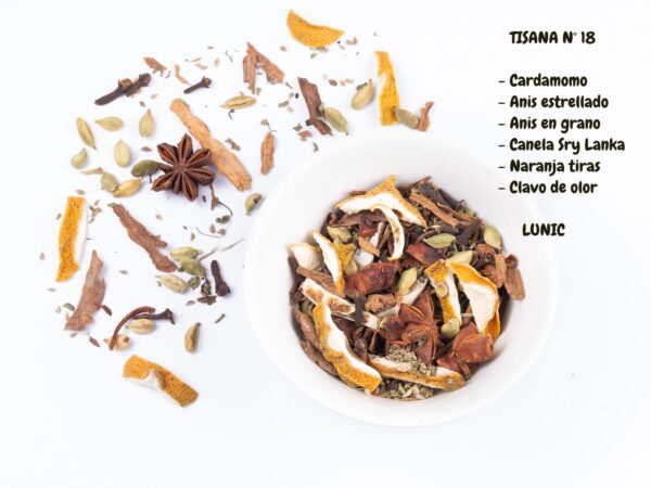 Tisana Nº 18 - Topping para mate Cardamomo, Anis estrellado, Anis en grano, Canela, Naranja tiras, Clavo de olor