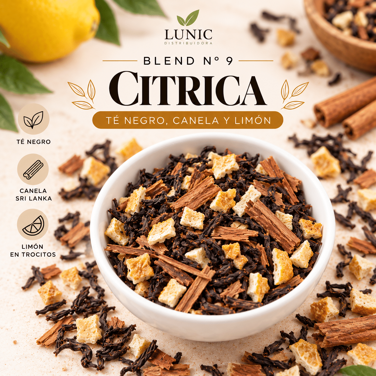 BLEND N° 9 - CÍTRICA - (TÉ NEGRO, CANELA DE SRI LANKA Y LIMÓN DESHIDRATADO EN TROCITOS)
